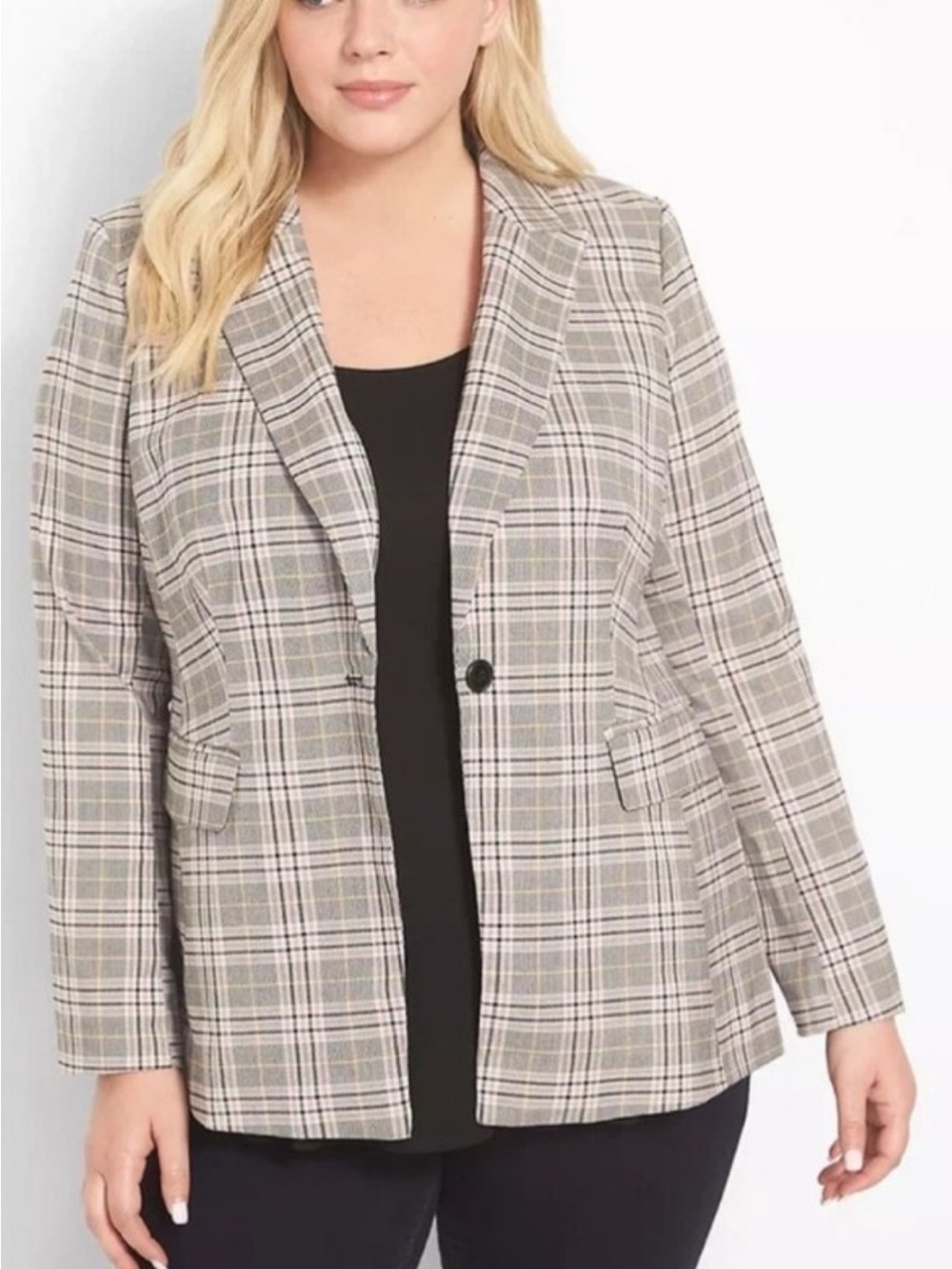 Lane Bryant Plaid Single-Button Blazer in Gray and Beige